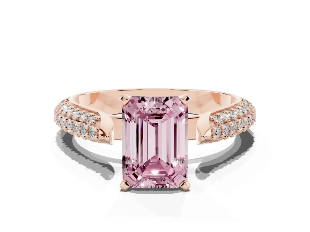 Fancy Pink Emerald Cut Diamond Solitaire Engagement Ring with Multi-Row Round Pavé Band and Prong Setting Rose gold