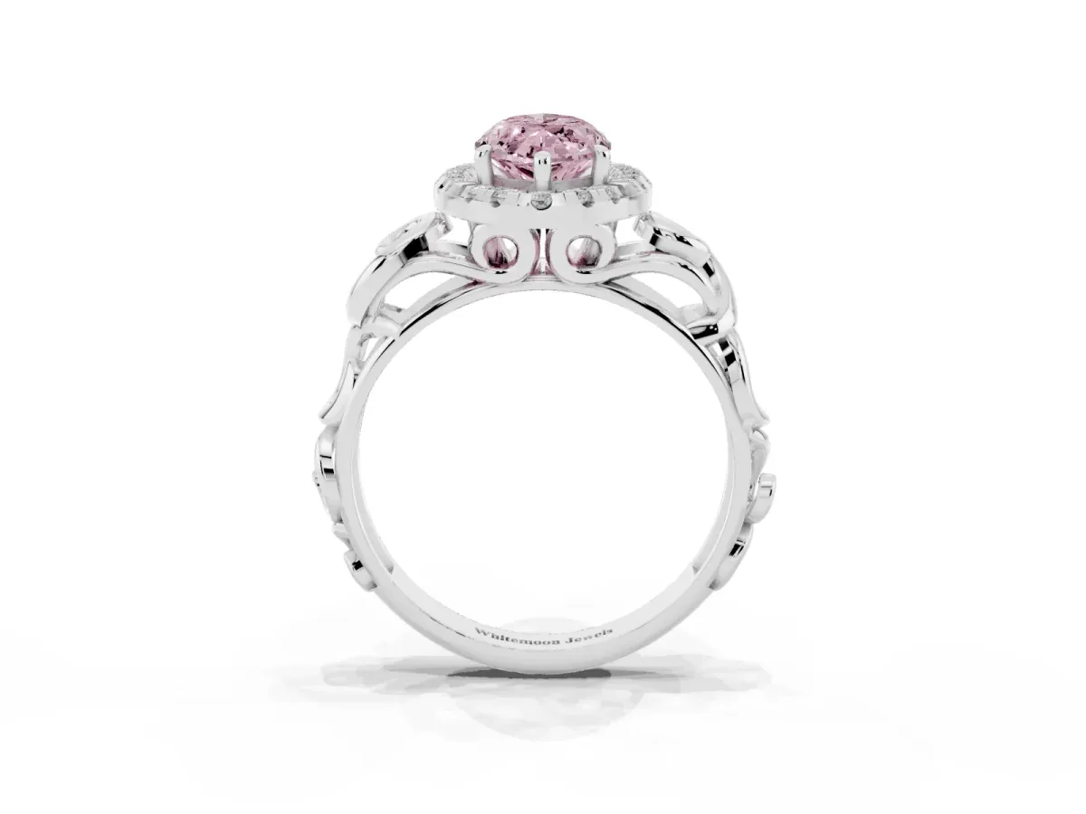 Fancy Pink Marquise Cut Cut Halo Diamond Ring with Scrollwork Band and Four-Prong Setting Silver