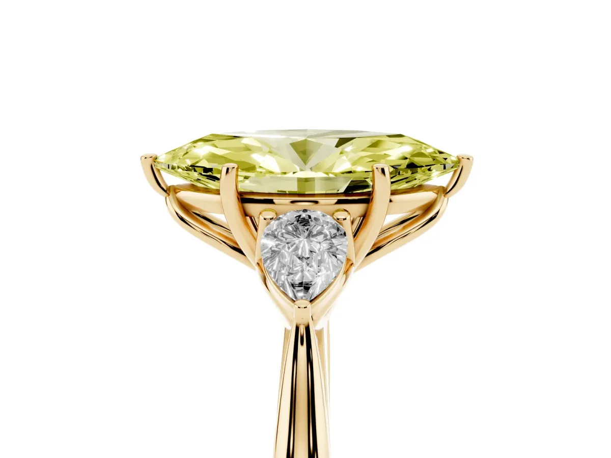 Fancy Yellow Marquise Cut Diamond Three-Stone Ring with Pear Side Stones and Prong Setting Yellow gold