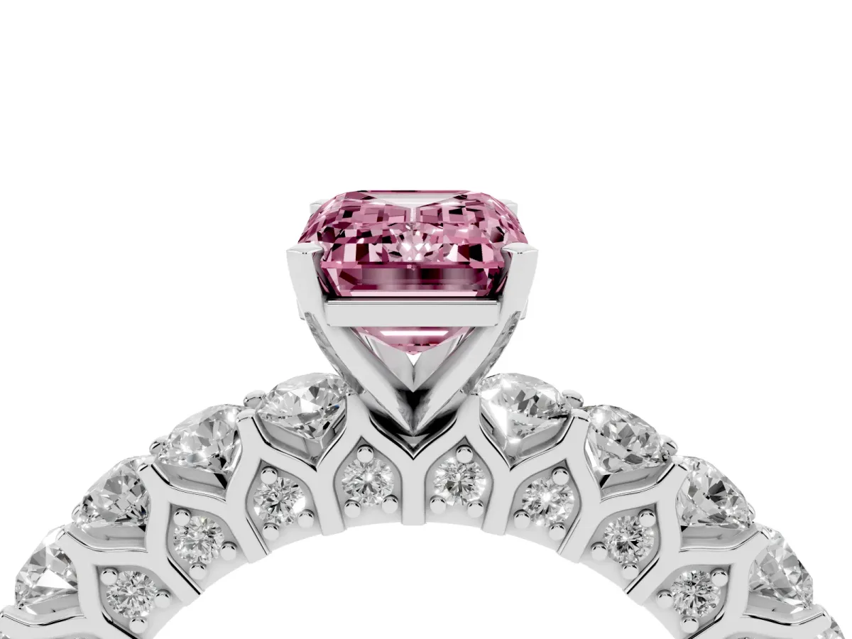 Fancy Pink Emerald Cut Diamond Solitaire Ring with Shared Prong Pavé Band and Four-Prong Setting Silver