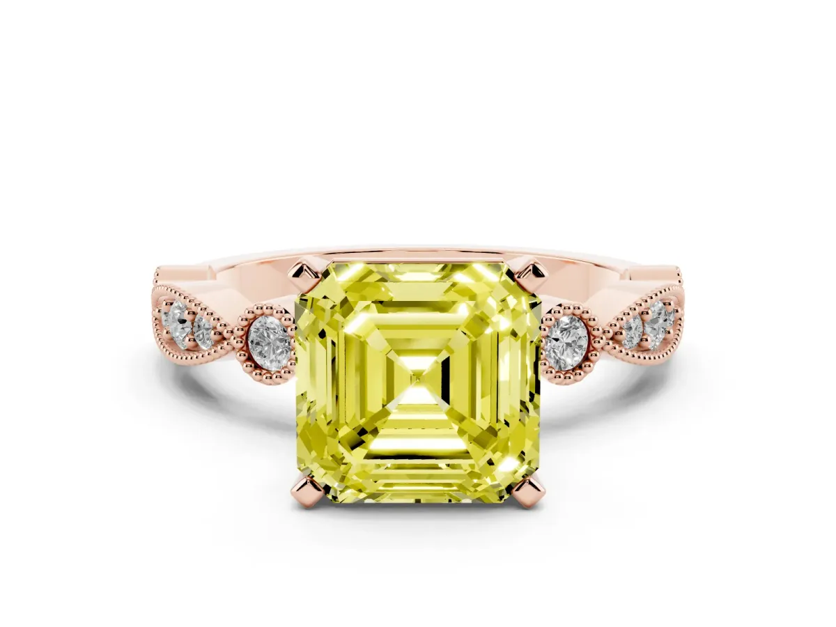 Fancy Yellow Asscher Cut Milgrain Bezel Diamond Engagement Ring with Solitaire Prong Setting Rose gold