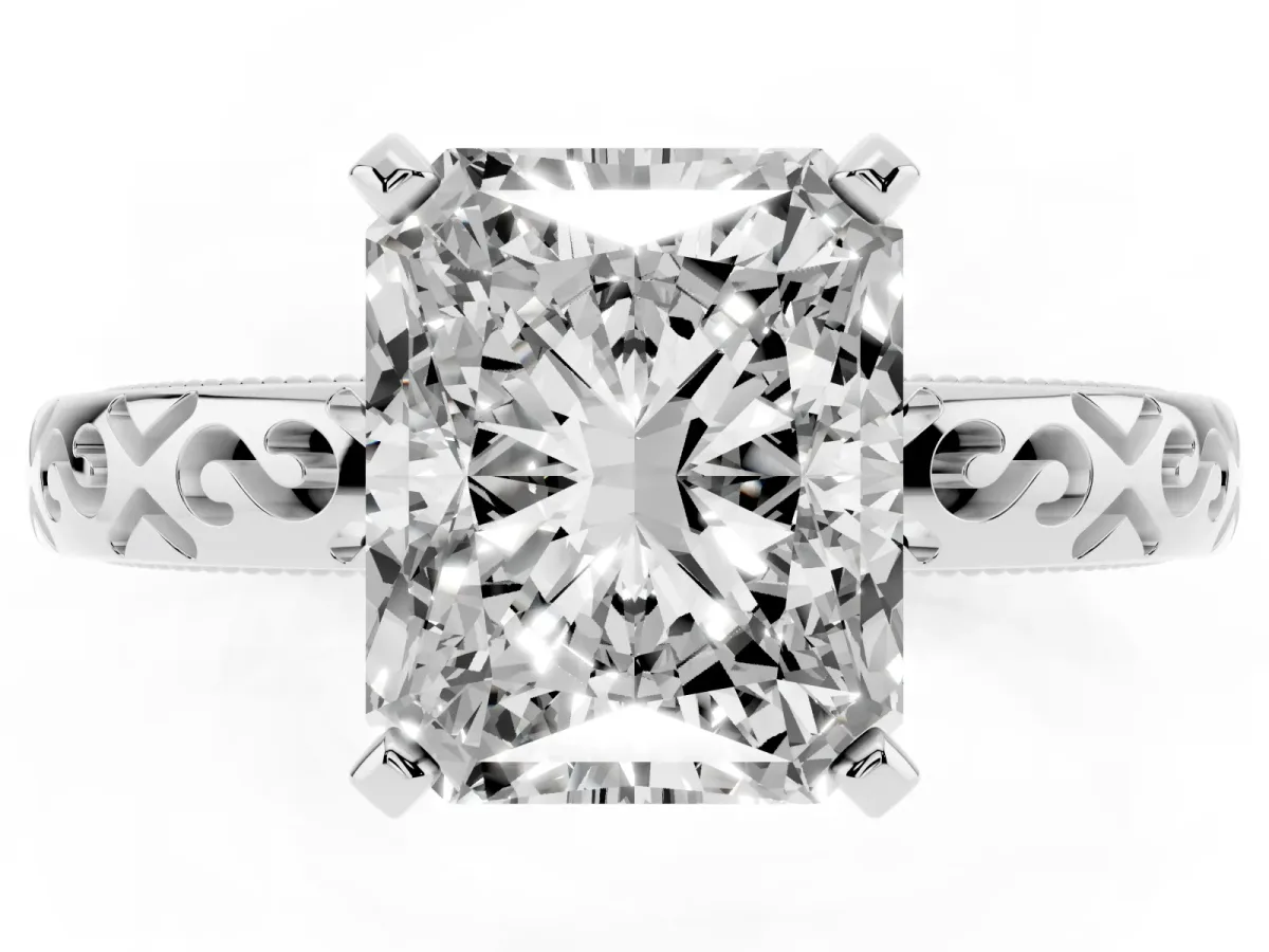 Radiant Cut Solitaire Engagement Ring with Scrollwork Band and Four-Prong Setting White gold