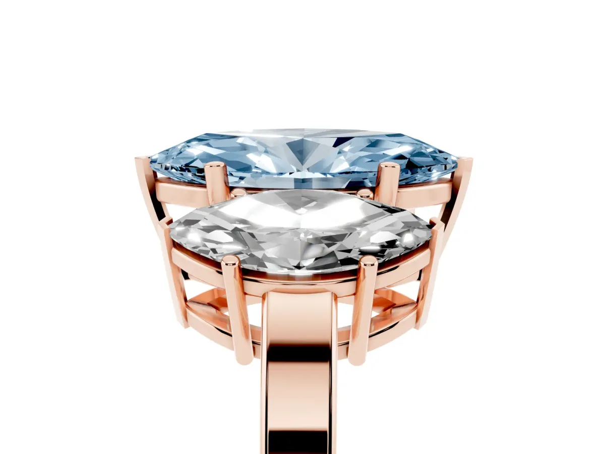 Fancy Blue Three-Stone Marquise Cut Cut Diamond Engagement Ring with Flat Band and Four-Prong Setting Rose gold