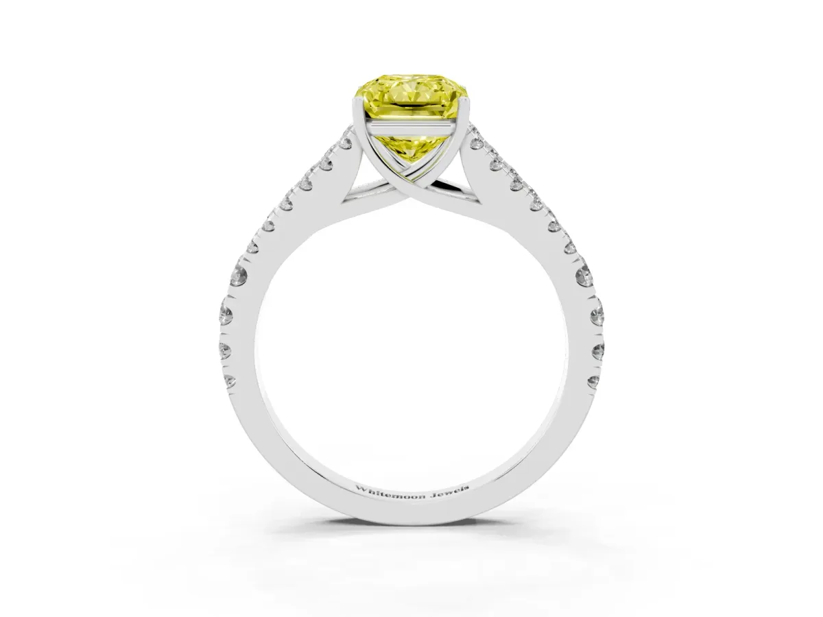 Fancy Yellow Radiant Cut Diamond Split Shank Pavé Engagement Ring with Four-Prong Setting Platinum