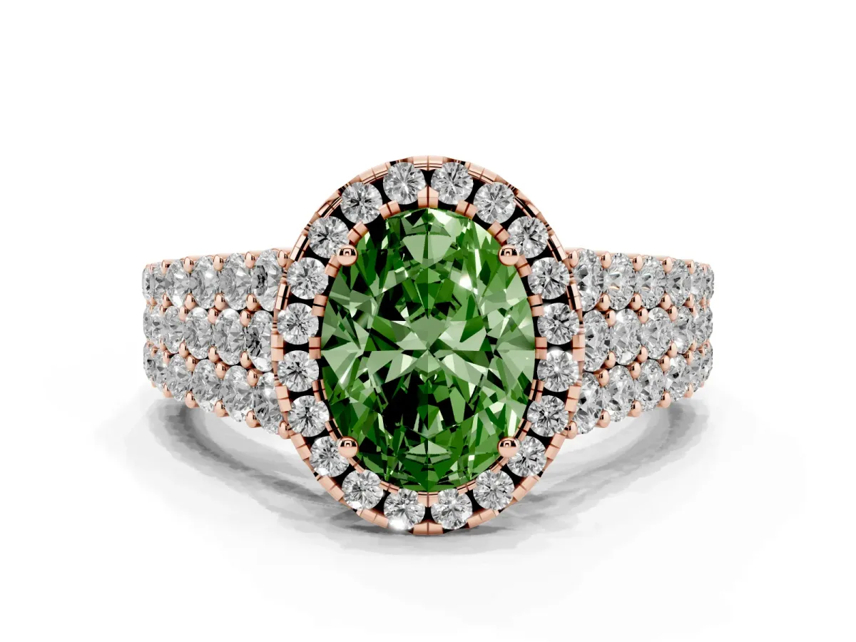 Fancy Green Oval Cut Diamond Halo Engagement Ring with Triple Row Round Pavé Band and Prong Setting Rose gold