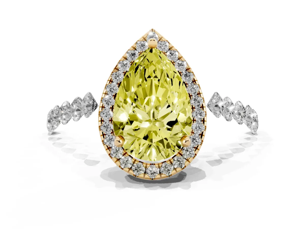 Fancy Yellow Pear Cut Halo Pavé Diamond Engagement Ring with Four-Prong Setting Yellow gold