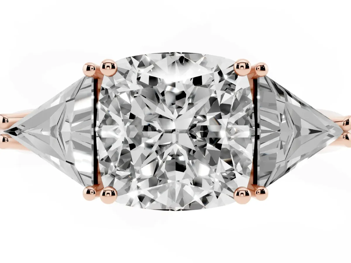 Three-Stone Cushion Cut Diamond Engagement Ring with Trillion Side Stones and Prong Setting Rose gold