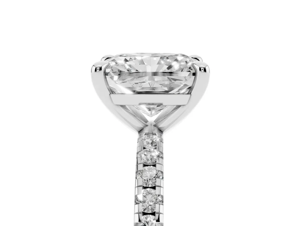Radiant Cut Diamond Brilliant Solitaire Ring with Pavé Band and Four-Prong Setting Platinum