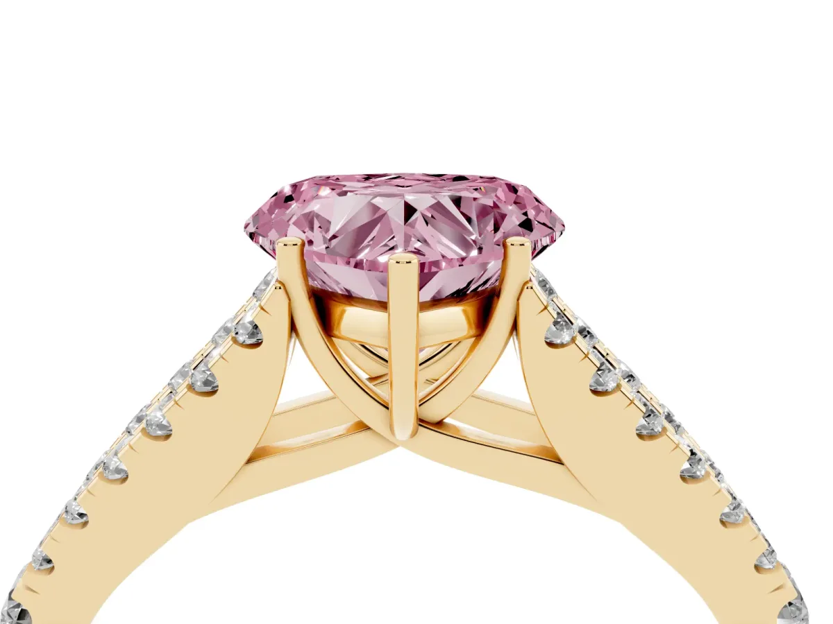 Fancy Pink Heart Cut Diamond Split Shank Engagement Ring with Round Pavé and Prong Setting Yellow gold