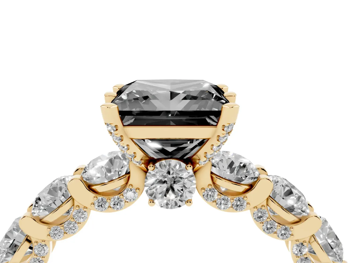 Fancy Black Princess Cut Diamond Side Stone Engagement Ring with Four-Prong Setting Yellow gold