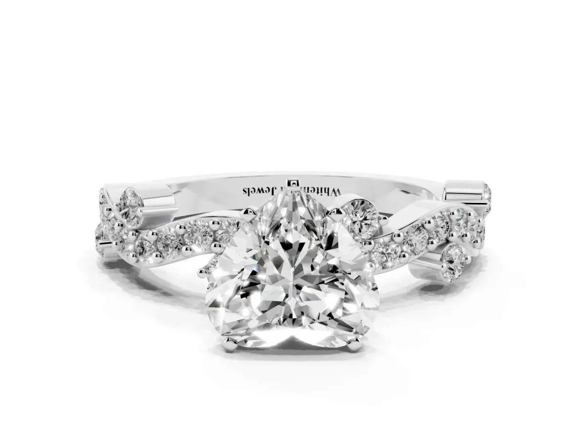 Heart Cut Cut Solitaire Diamond Twisted Band with Pave Setting White gold