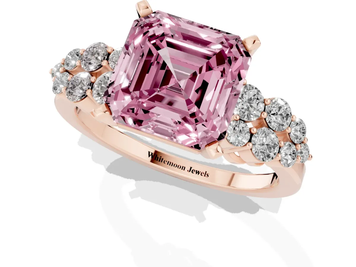 Fancy Pink Asscher Cut Cluster Diamond Engagement Ring with Pavé Band and Four-Prong Setting Rose gold