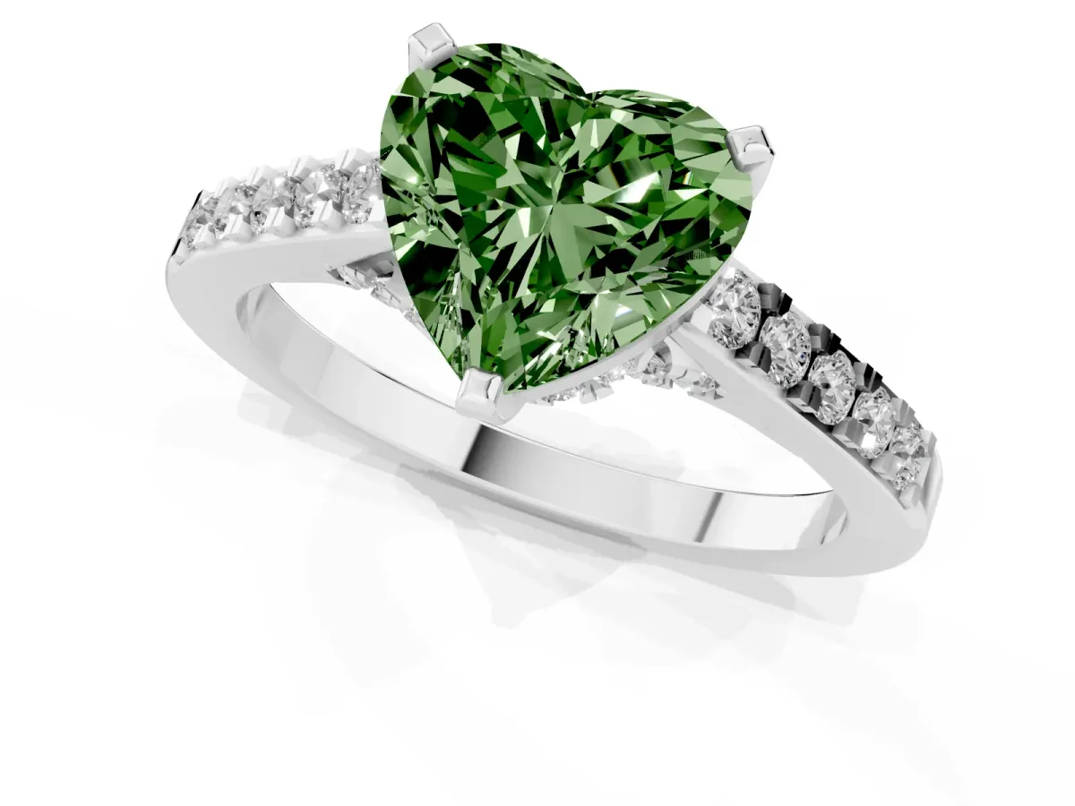 Fancy Green Heart Cut Diamond Solitaire Ring with Crossover Gallery and Round Pavé Band Platinum