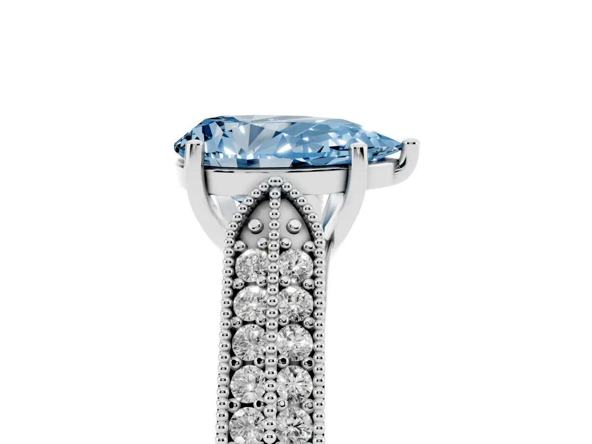 Fancy Blue Pear Cut Cut Pave Split Shank Engagement Ring with Four-Prong Setting White gold