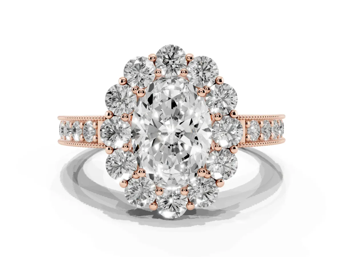 Oval Cut Cut Halo Diamond Pavé Engagement Ring with Milgrain Detailing Rose gold