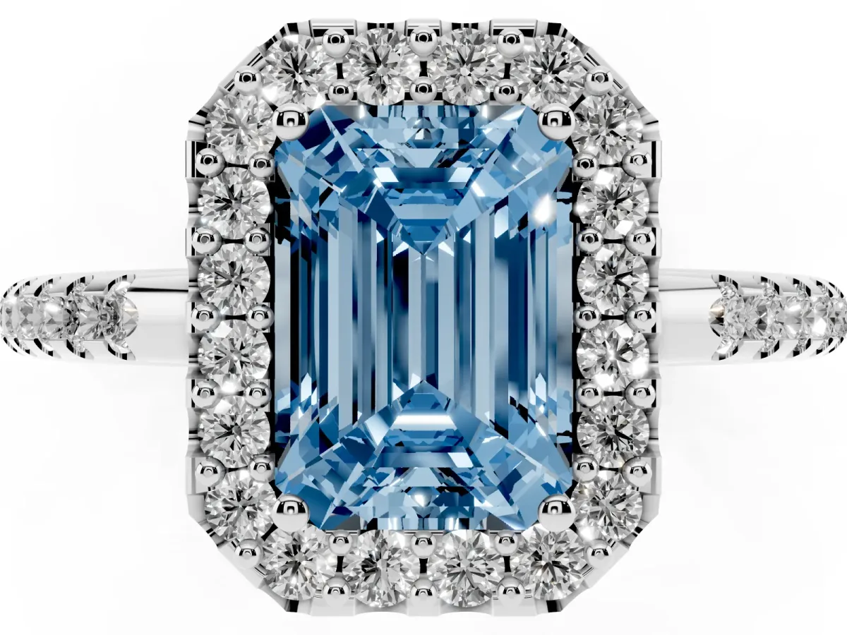 Fancy Blue Emerald Cut Diamond Pavé Halo Ring with Four-Prong Setting White gold