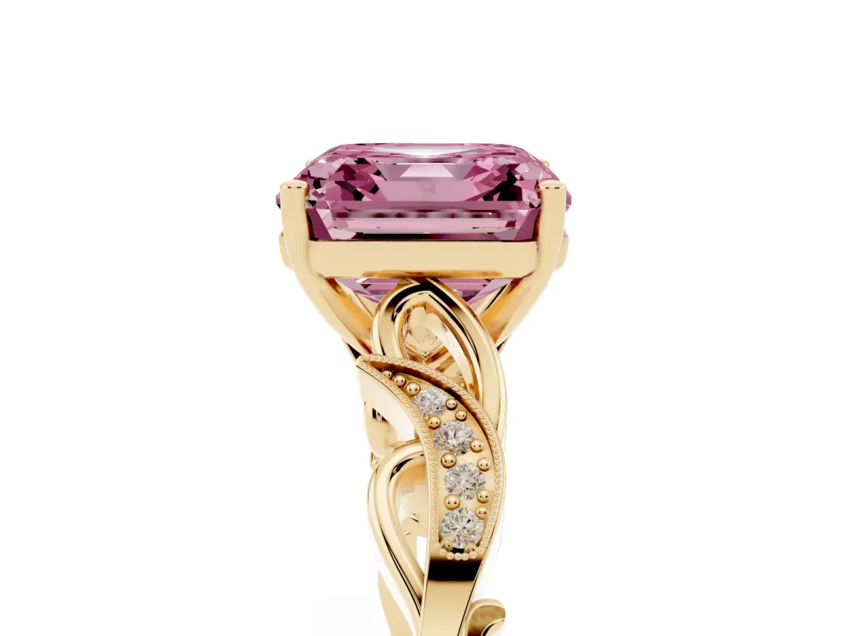 Fancy Pink Asscher Cut Solitaire Vine Band with Milgrain Prong Setting Yellow gold