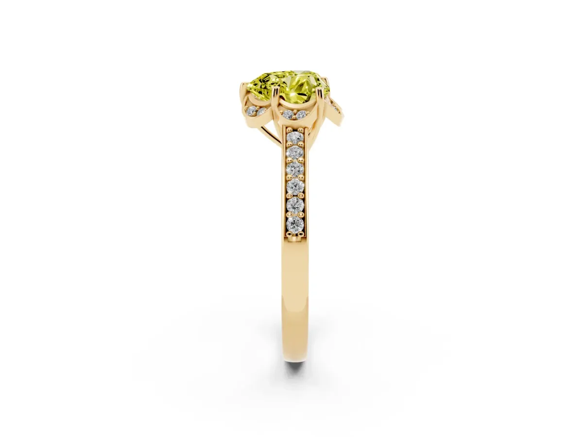 Fancy Yellow Heart Cut Cut Halo Diamond Ring with Channel Set Band and Four-Prong Setting Yellow gold