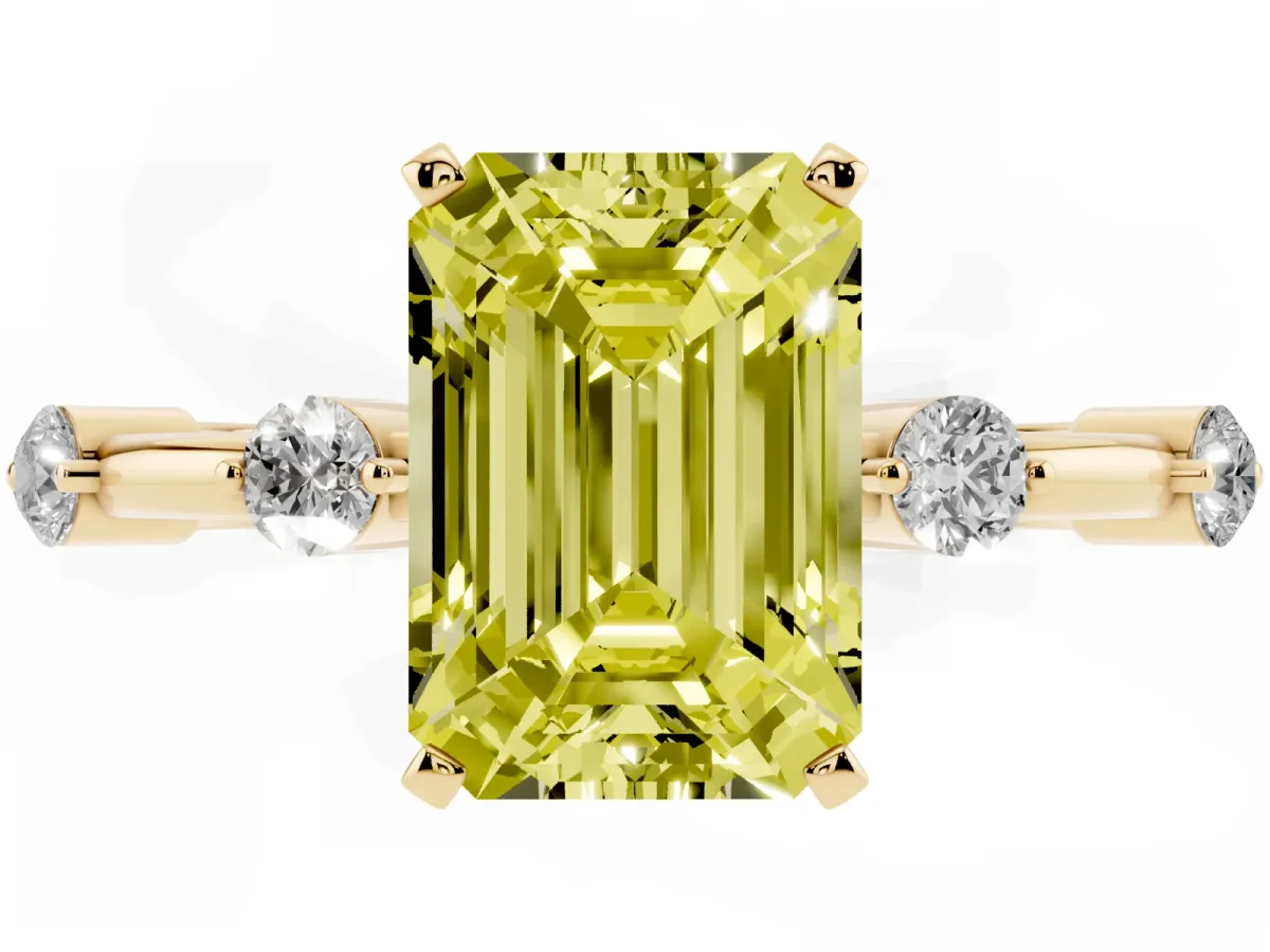 Fancy Yellow Emerald Cut Solitaire Diamond Ring with Bezel Set Side Stones and Prong Setting Yellow gold