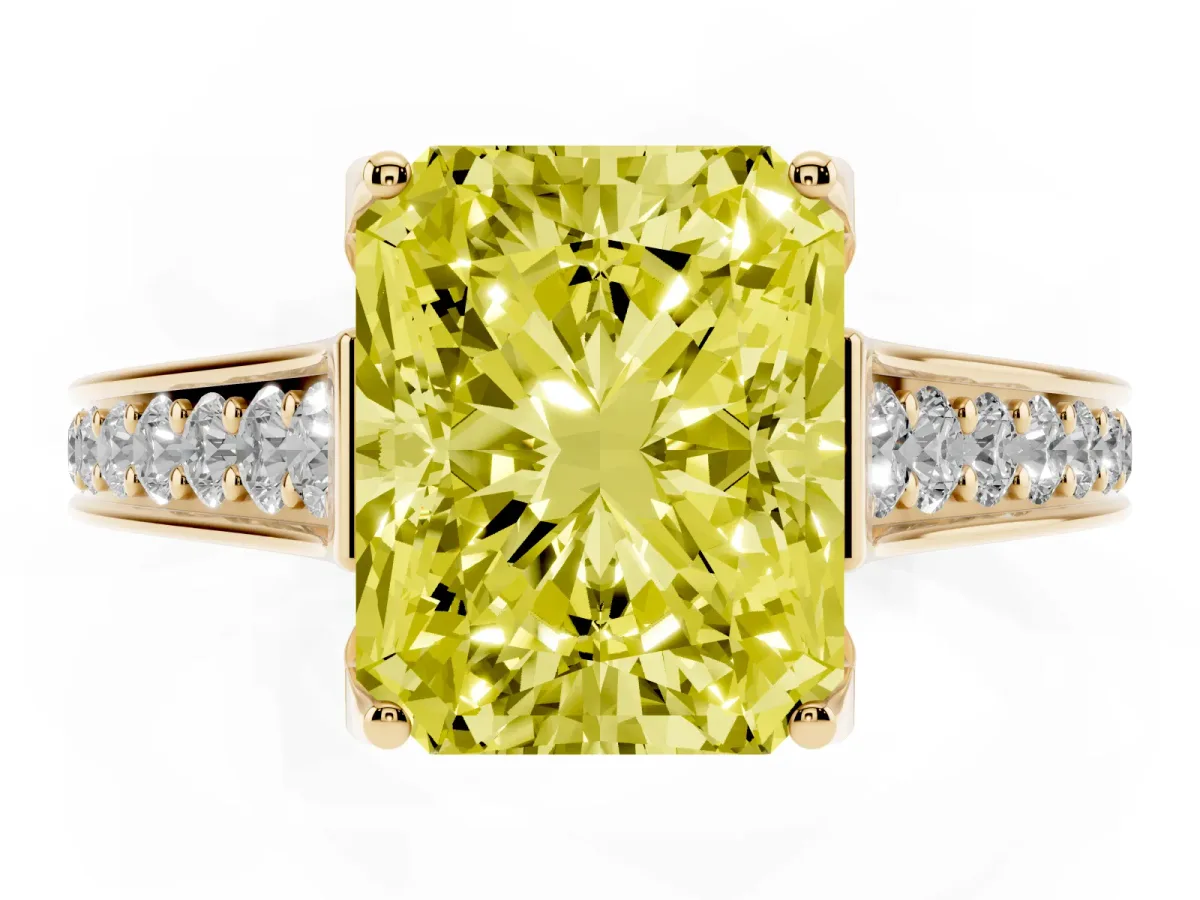 Fancy Yellow Radiant Cut Brilliant Cut Diamond Engagement Ring with Pavé Band and Four-Prong Setting Yellow gold