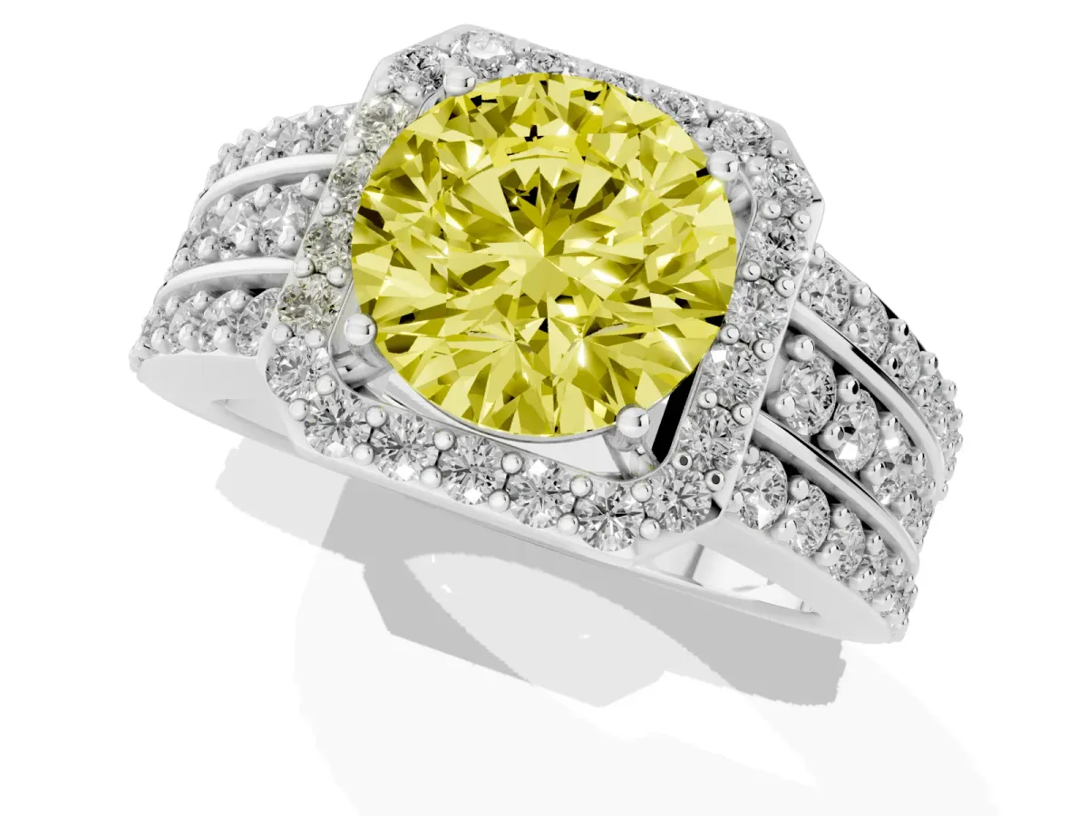 Fancy Yellow Round Cut Halo Diamond Ring with Round Split Shank and Prong Setting Platinum