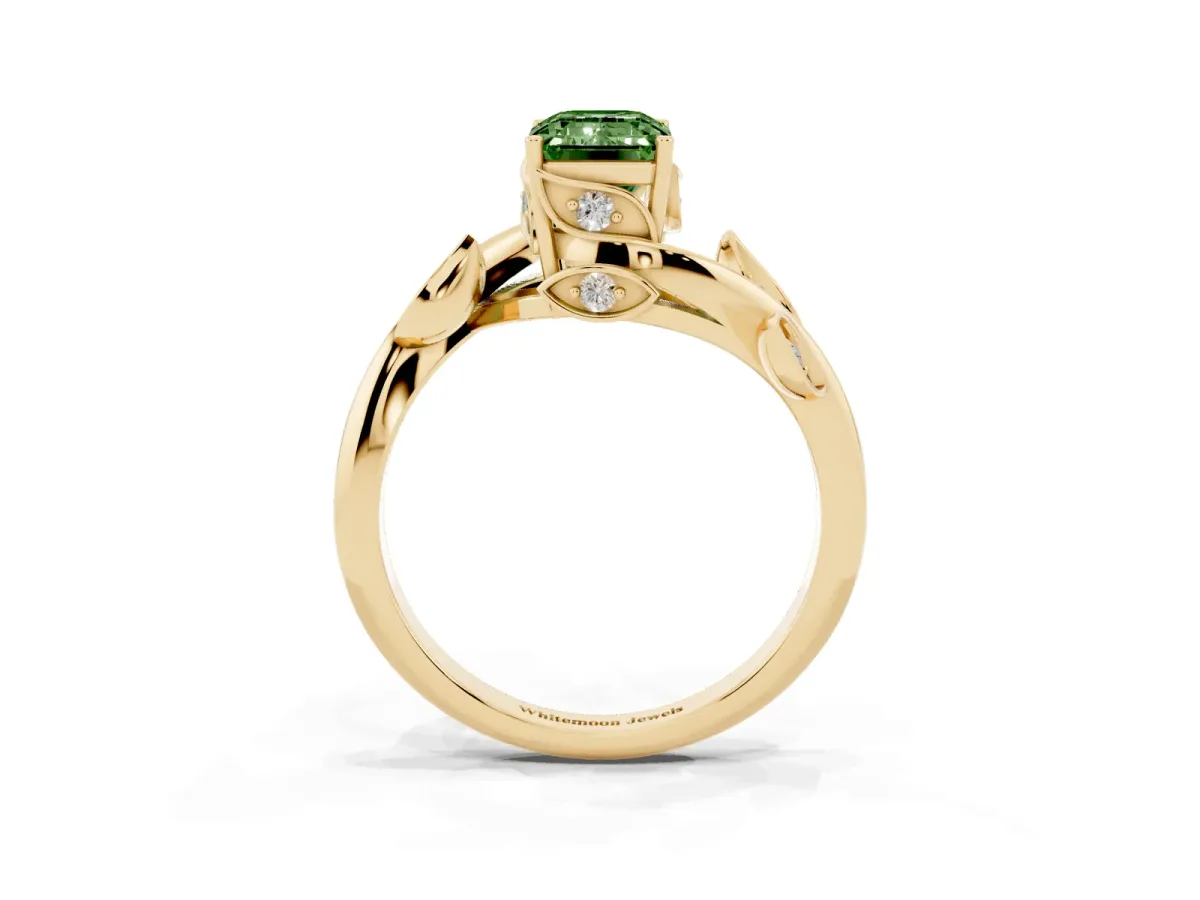 Fancy Green Emerald Cut Solitaire Twist Engagement Ring with Leaf Accents and Prong Setting Yellow gold