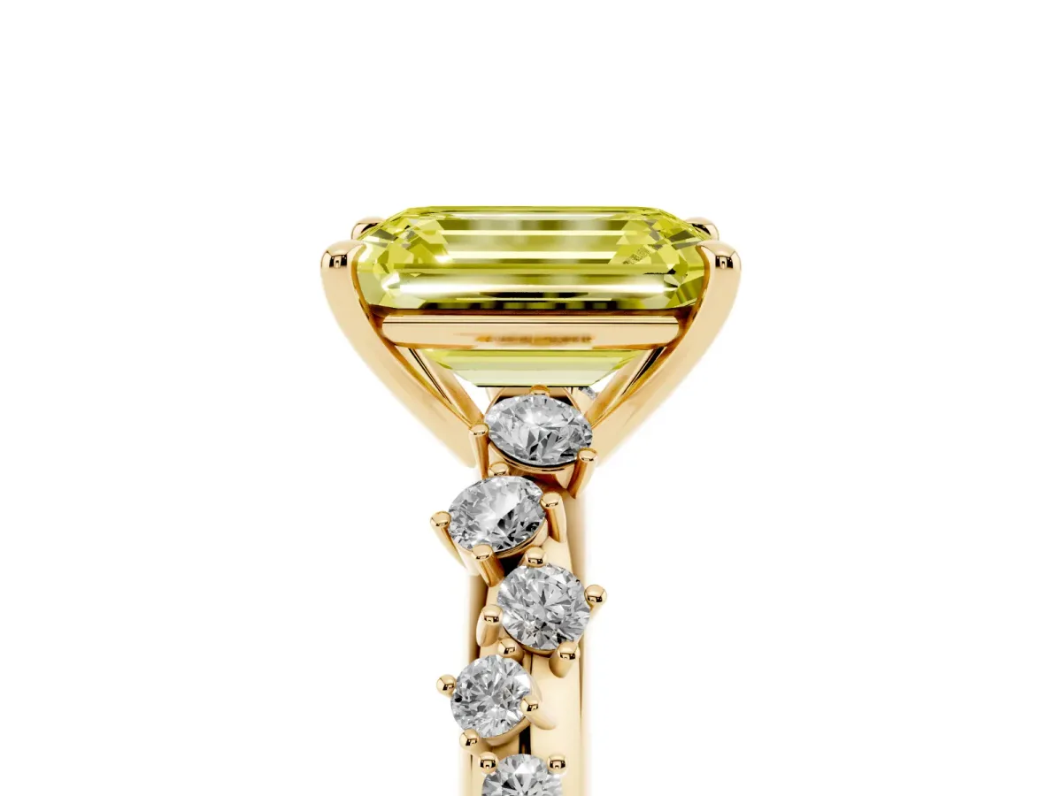 Fancy Yellow Emerald Cut Diamond Cluster Side Stone Solitaire Ring with Prong Setting Yellow gold