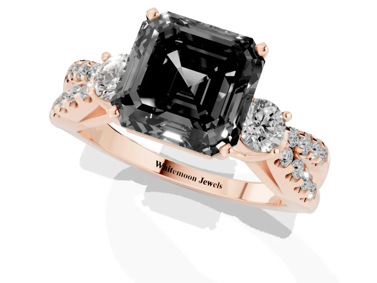 Fancy Black Asscher Cut Diamond Three-Stone Ring with Pavé Split Shank and Four-Prong Setting Rose gold