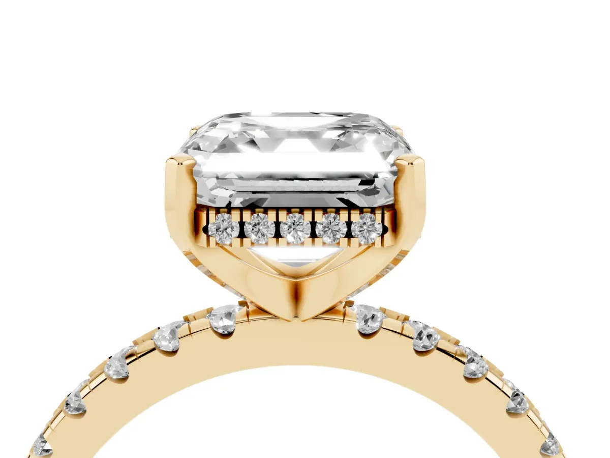 Asscher Cut Diamond Solitaire Ring with Round Pavé Band and Four-Prong Setting Yellow gold