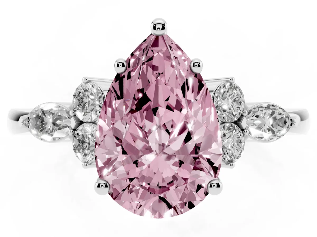 Fancy Pink Pear Cut Brilliant Diamond Solitaire Ring with Pear Side Stones and Four-Prong Setting Silver
