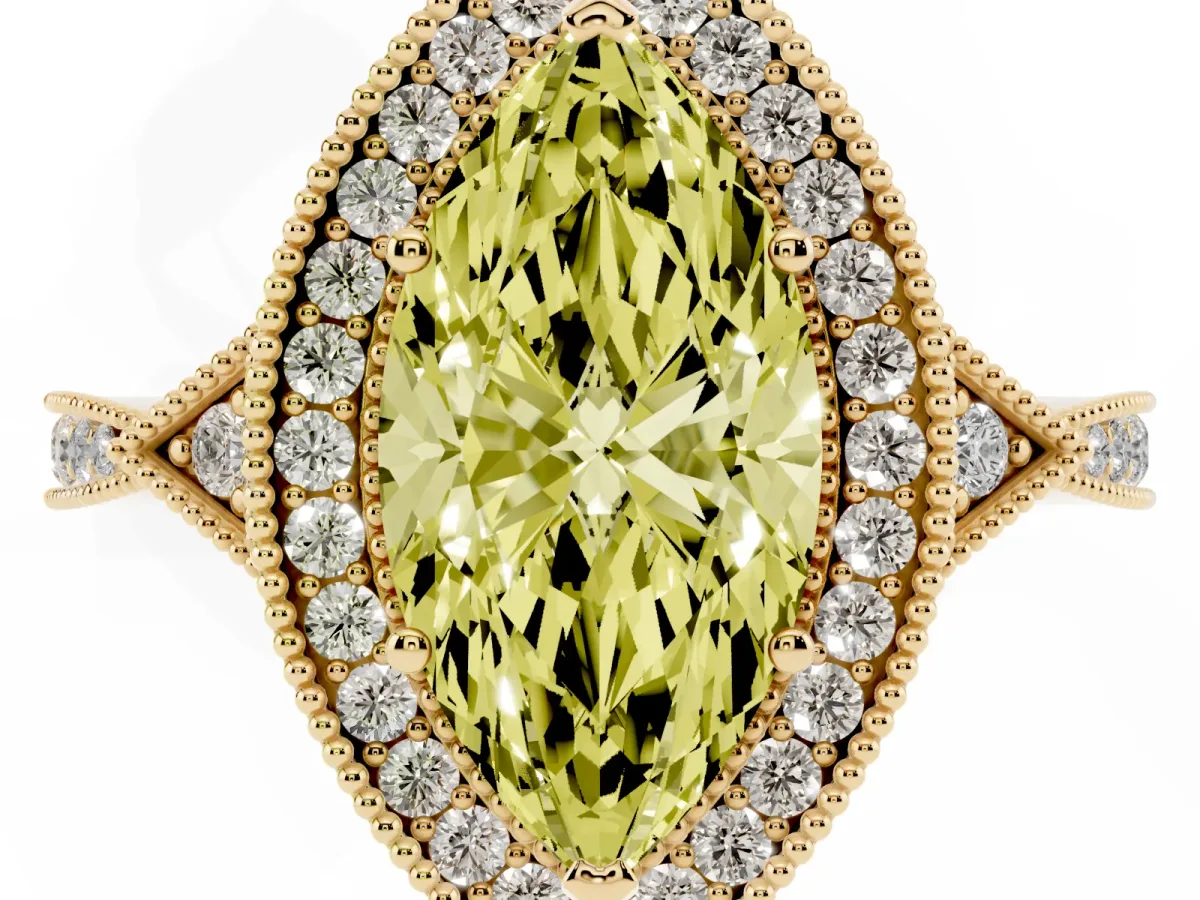 Fancy Yellow Marquise Cut Halo Round Diamond Milgrain Pave Engagement Ring Yellow gold