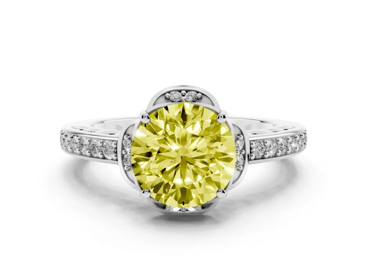 Fancy Yellow Round Cut Cut Halo Diamond Ring with Channel Set Band and Four-Prong Setting Platinum