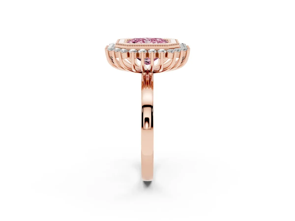 Fancy Pink Radiant Cut Halo Diamond Ring with Milgrain Edge and Round Prong Setting Rose gold