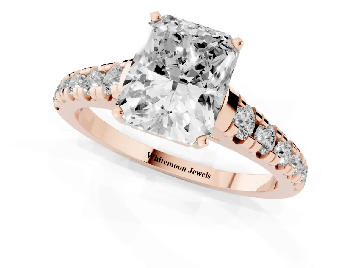 Radiant Cut Diamond Cathedral Solitaire Ring with Round Pavé Band Rose gold