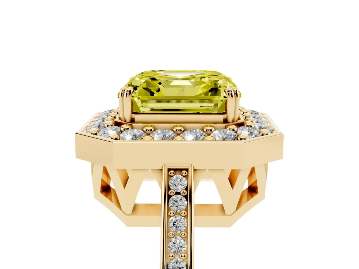 Fancy Yellow Asscher Cut Diamond Halo Ring with Split Shank and Four-Prong Setting Yellow gold