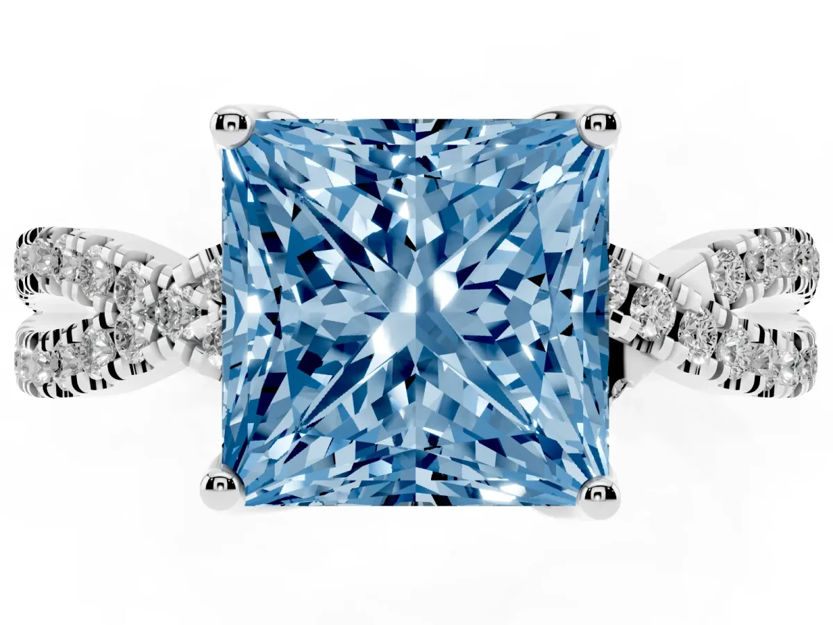 Fancy Blue Princess Cut Solitaire Twist Pave Diamond Engagement Ring with Prong Setting Silver