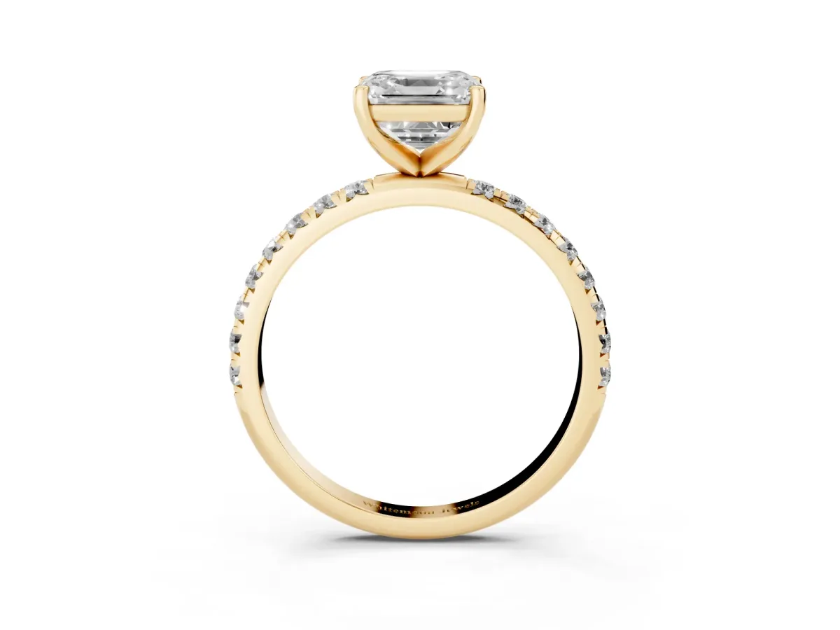 Asscher Cut Cut Diamond Solitaire Ring with Micro Pave Band and Four Prong Setting Yellow gold