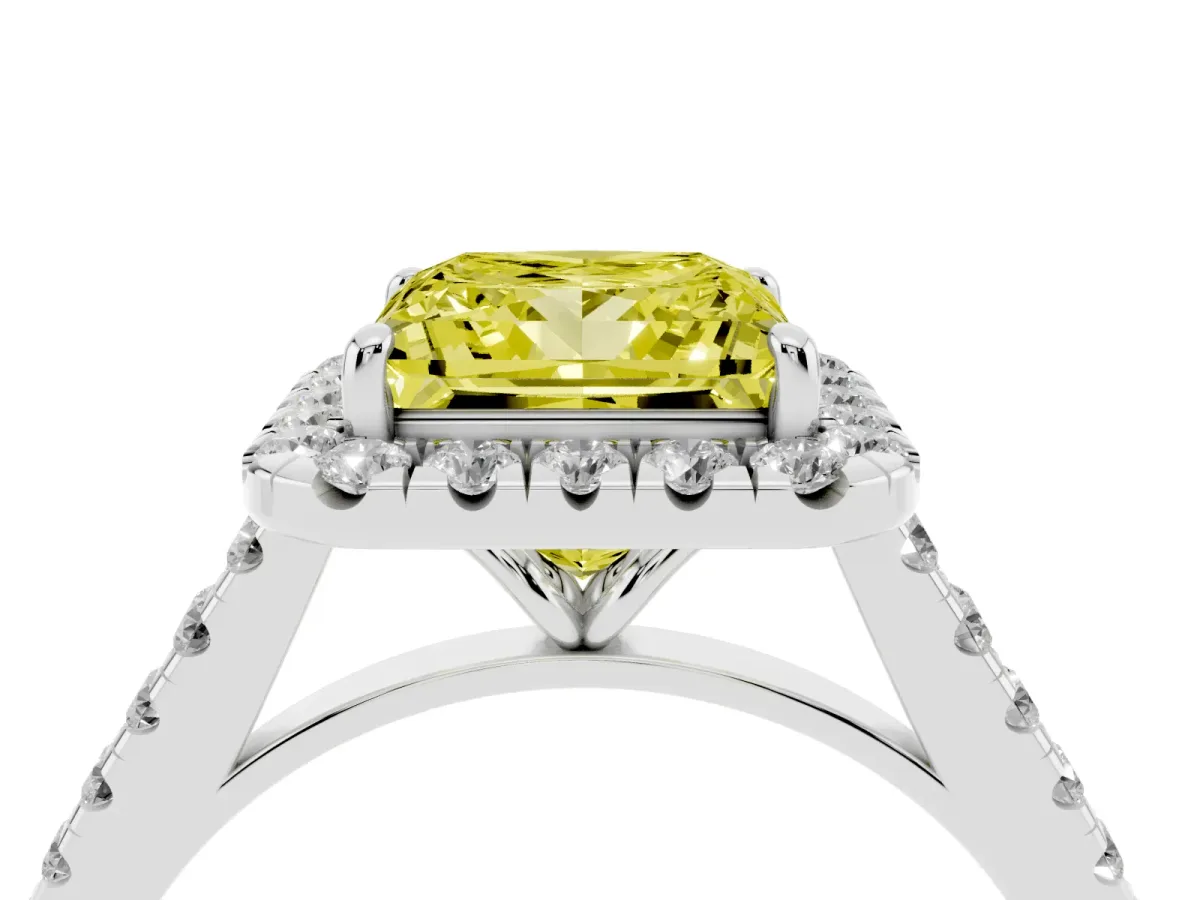 Fancy Yellow Princess Cut Halo Pave Diamond Engagement Ring with Four-Prong Setting Platinum