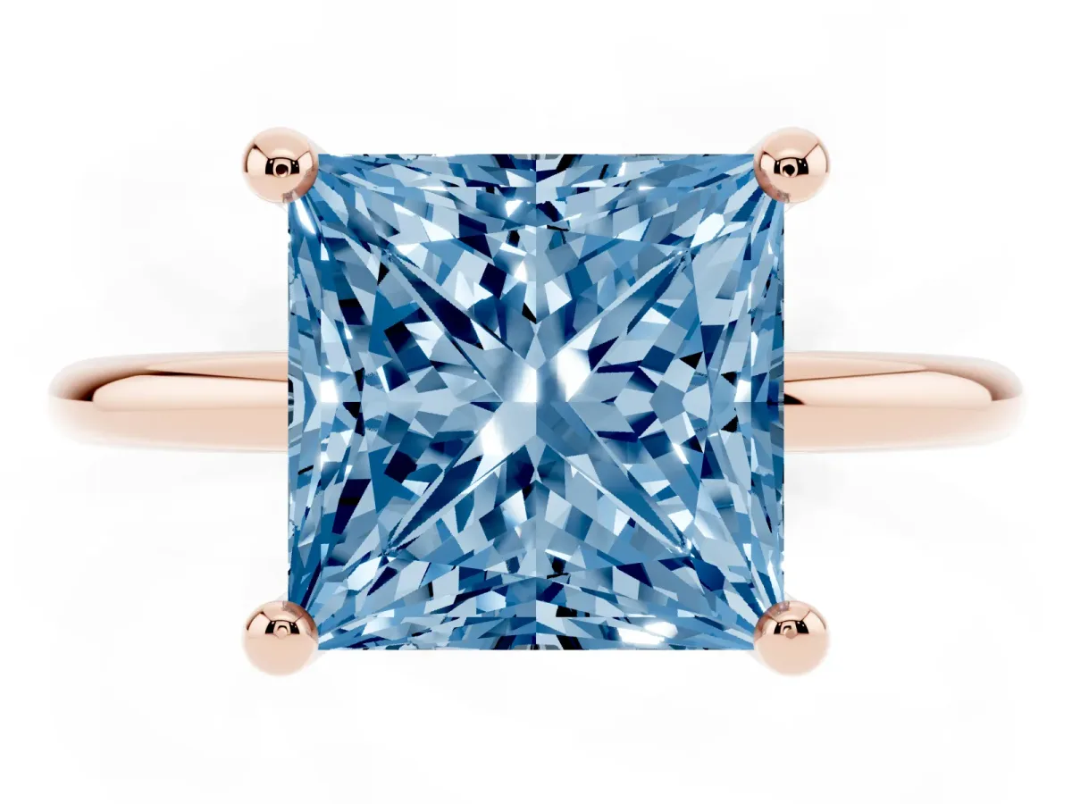 Fancy Blue Princess Cut Solitaire Diamond Ring with 4-Prong Setting on a Classic Band Rose gold
