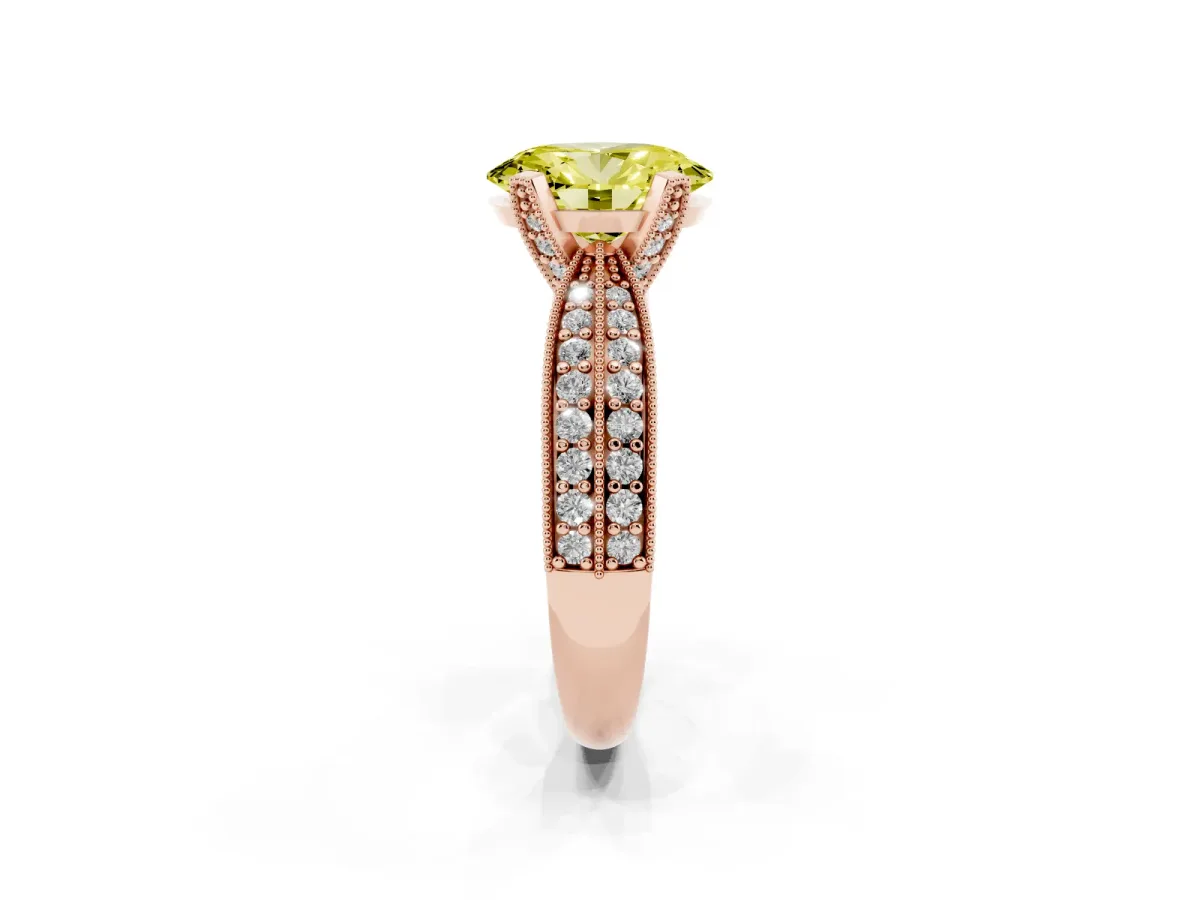Fancy Yellow Oval Cut Diamond Solitaire Ring with Milgrain Round Pavé Band and Prong Setting Rose gold