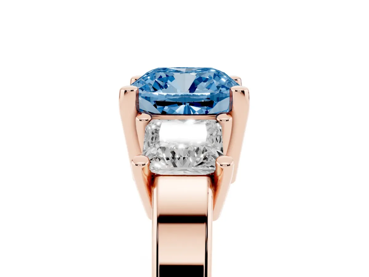 Fancy Blue Three-Stone Cushion Cut Cut Solitaire Ring with Prong Setting Rose gold