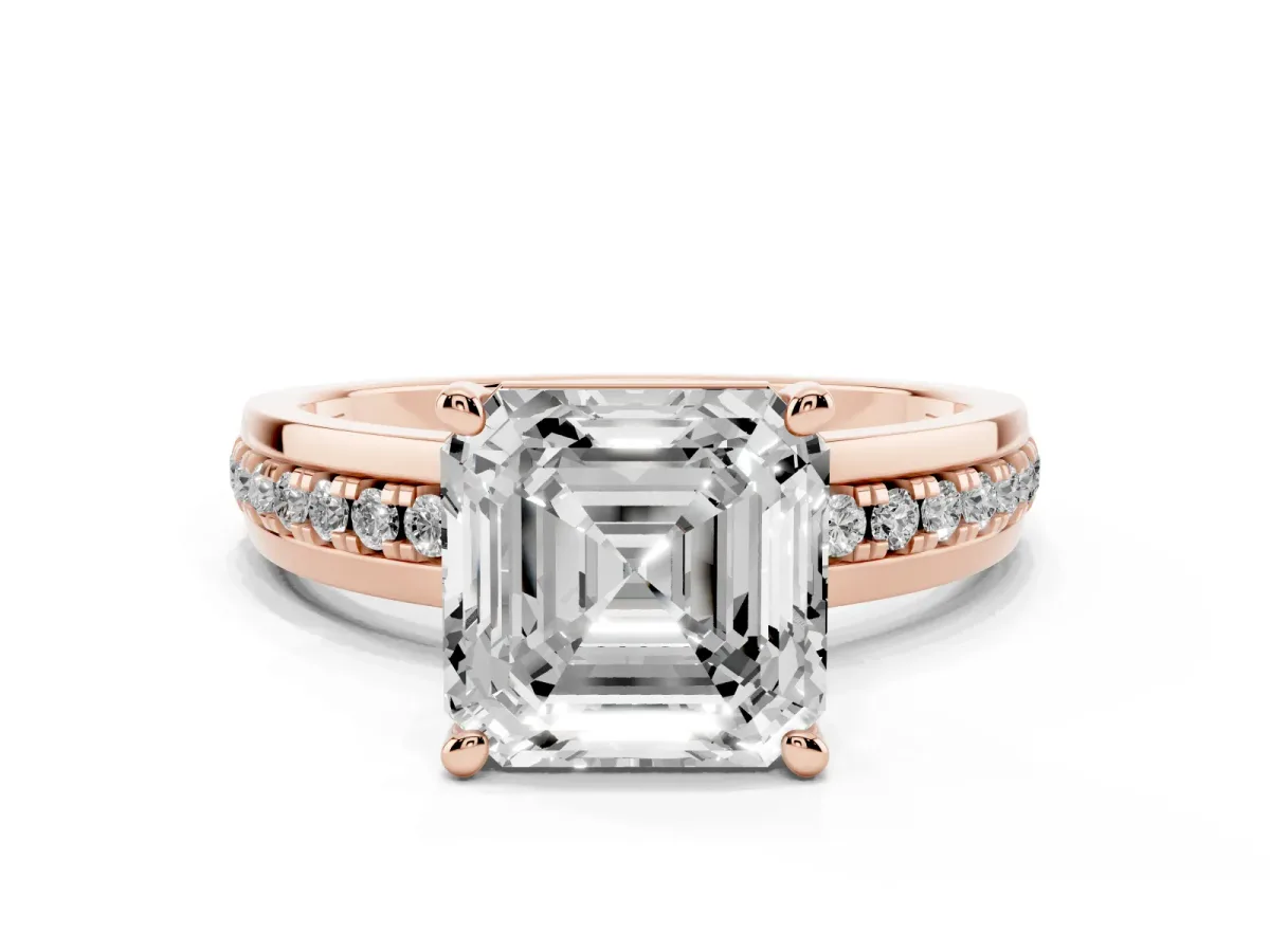 Asscher Cut Solitaire Diamond Ring with Channel Set Band and Six-Prong Setting Rose gold