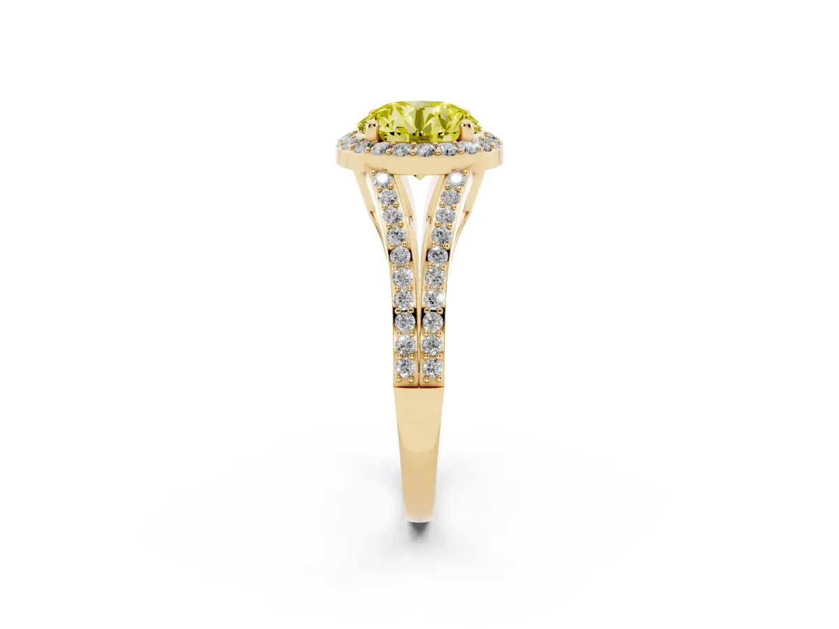 Fancy Yellow Round Cut Halo Split Shank Diamond Ring with Prong Setting Yellow gold