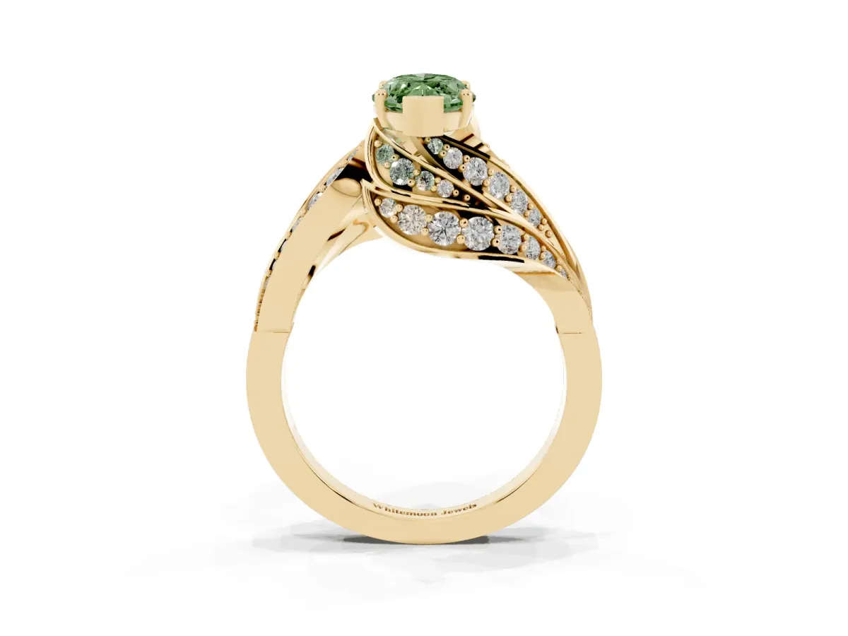 Fancy Green Marquise Cut Diamond Solitaire Ring with Prong Setting and Twisted Pavé Band Yellow gold