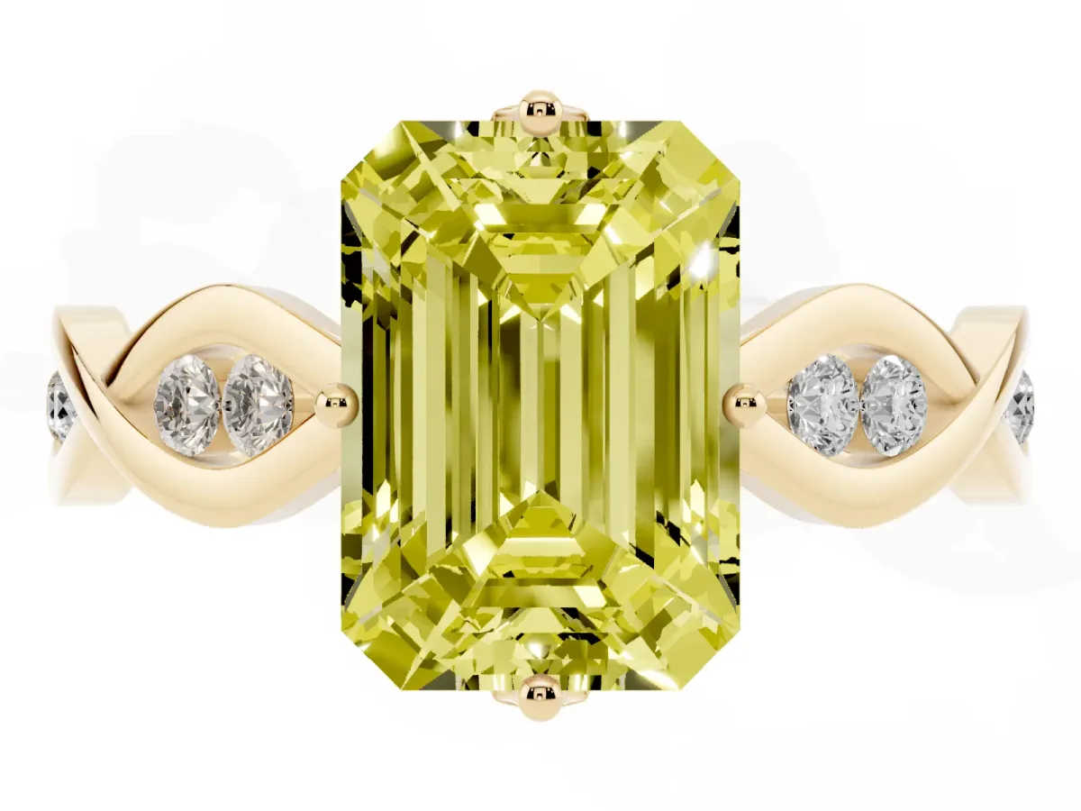 Fancy Yellow Emerald Cut Solitaire Twist Band with Leaf Prong Setting Yellow gold