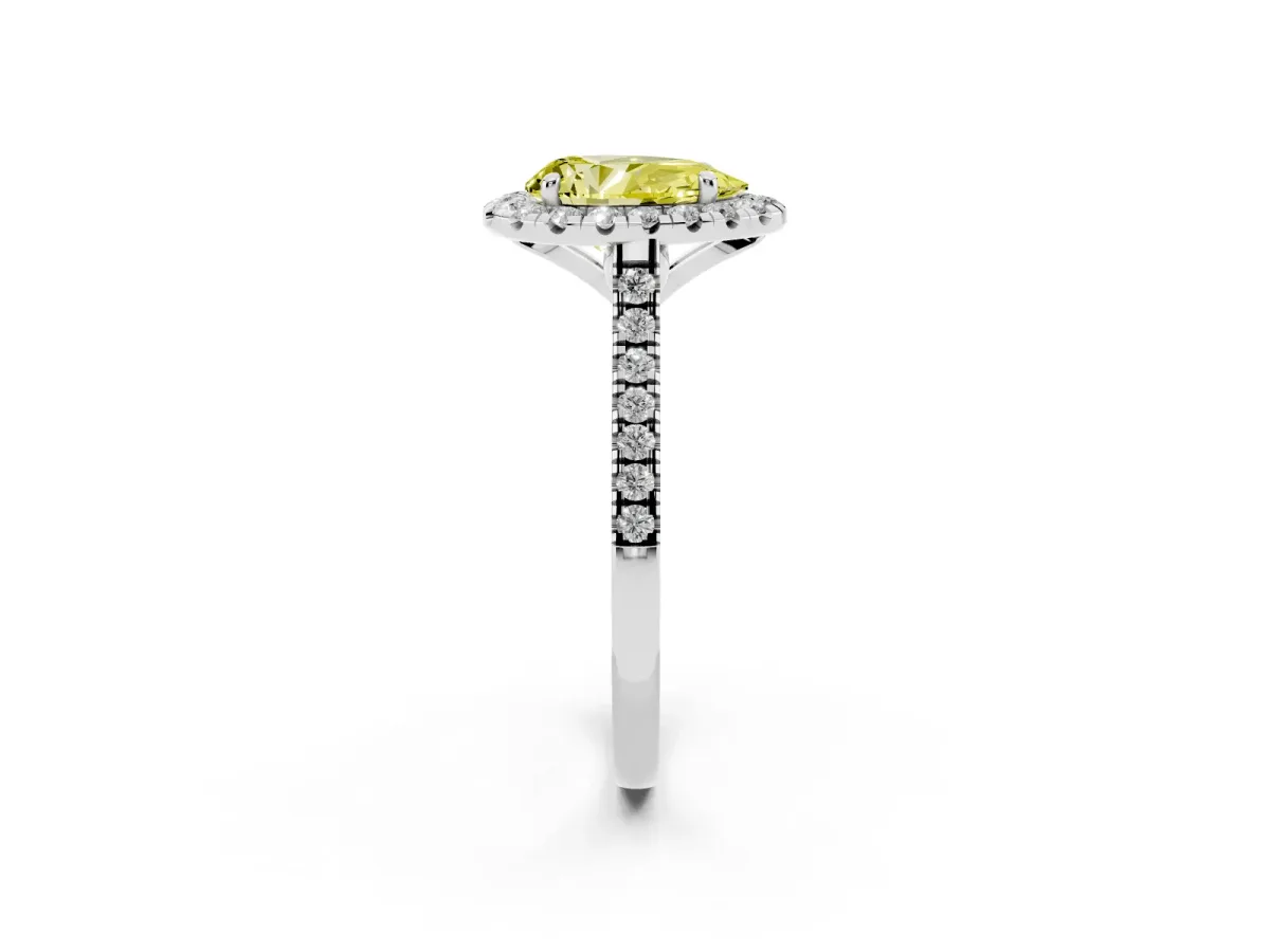 Fancy Yellow Pear Cut Diamond Cushion Halo Ring with Pavé Band Silver