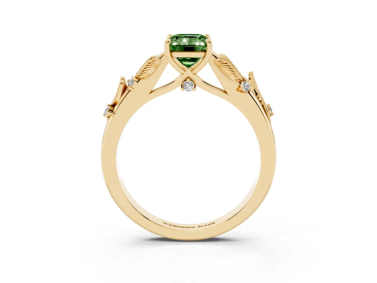 Fancy Green Emerald Cut Diamond Solitaire Ring with Leaf Motif Band and Four-Prong Setting Yellow gold