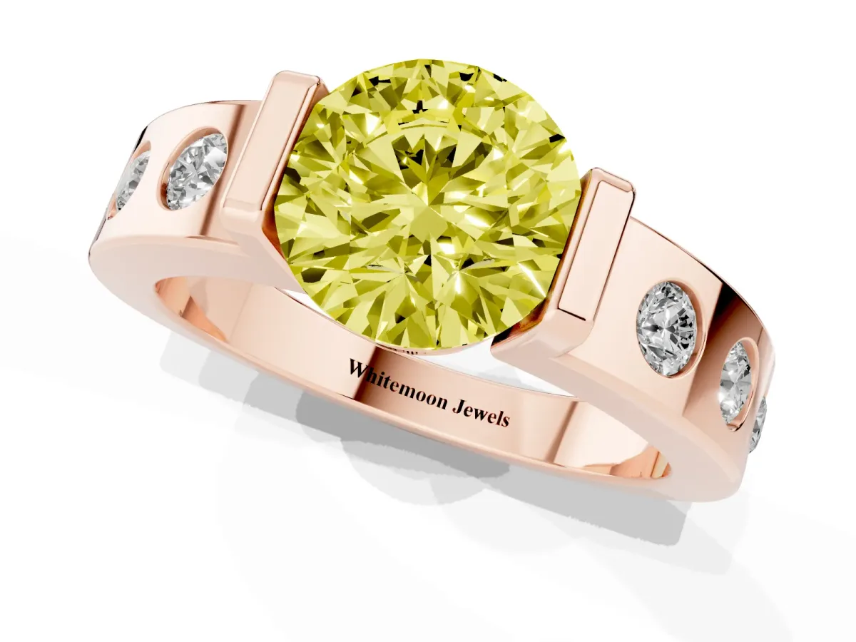 Fancy Yellow Round Cut Brilliant Channel-Set Diamond Ring with Bezel Prong Setting Rose gold