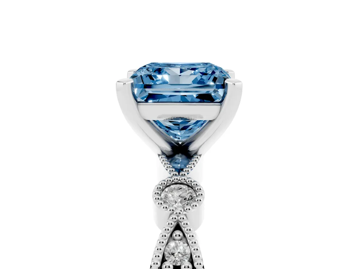 Fancy Blue Princess Cut Milgrain Bezel Diamond Engagement Ring with Solitaire Prong Setting Silver