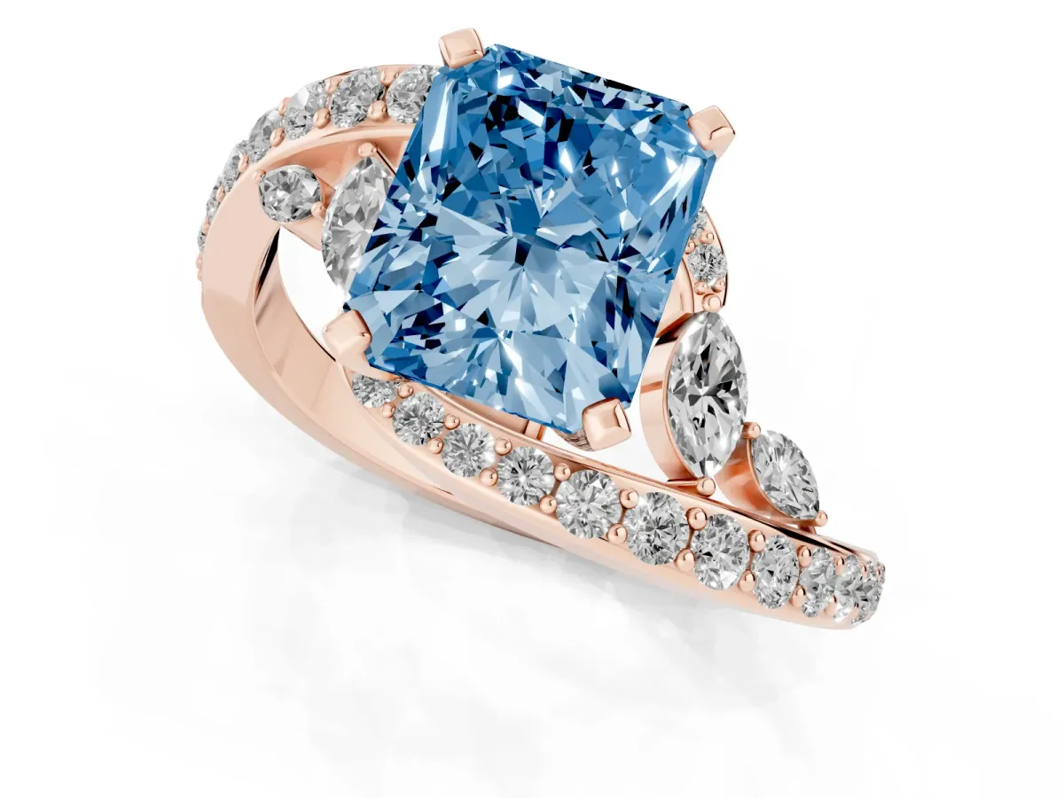 Fancy Blue Radiant Cut Solitaire with Pavé Twist Band and Four-Prong Setting Rose gold